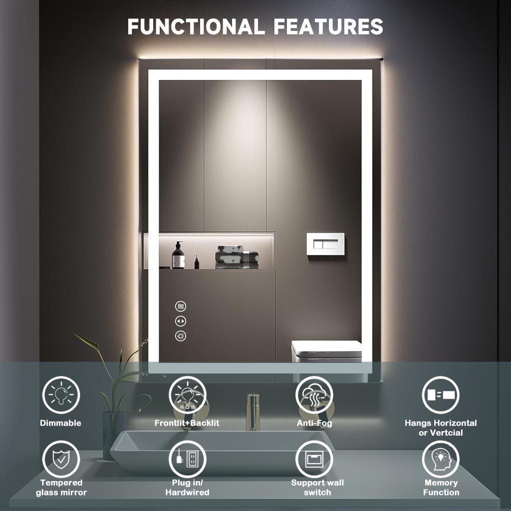 RIMIKING LED Bathroom Mirror with Anti-Fog, Dimmable Touch Light, 3 Color Modes, Memory Function, Tempered Glass,Anti-Fog Feature,MI-ZJLED