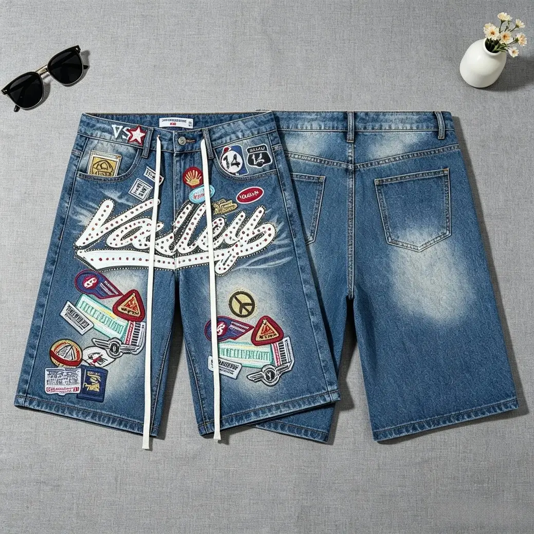 VALE Rhinestone Blue Denim Shorts 100 Percent Cotton Loose Oversized Y2K Diamond Letter Embroidery Cartoon Patch Graphic Baggy Jorts Knee Length Vintage Washed Hip Hop Skater Streetwear Men Women Festival Back To School Outfit