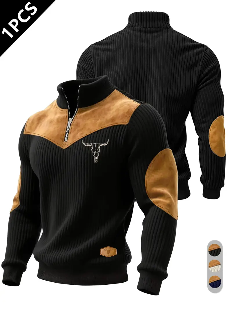 Men's Half-Zip Stand Collar Knit Top, Suede Texture Shoulder Patches, Bull Head Print, Slim Fit, Retro American Style, Casual Wear, Knitwear