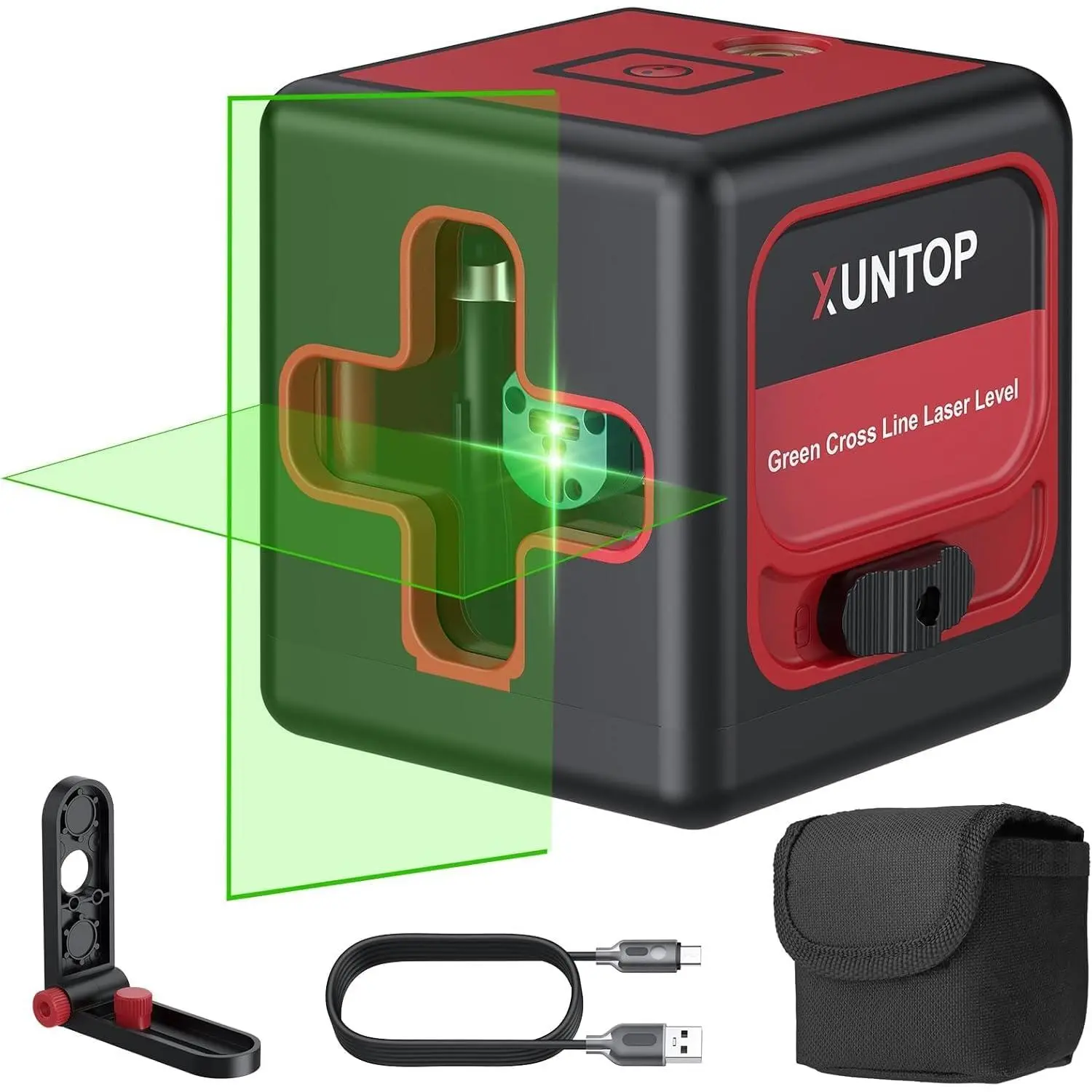 XUNTOP Green Cross Laser Level - 100Ft Self-Leveling (±3°), ±1.5mm/5m Accuracy, Magnetic Bracket, Pouch, Batteries, Class 2 (<1mW Output) for Wall, Floor, Picture Hanging (Green-Beam Measuring Devices & Accessories)