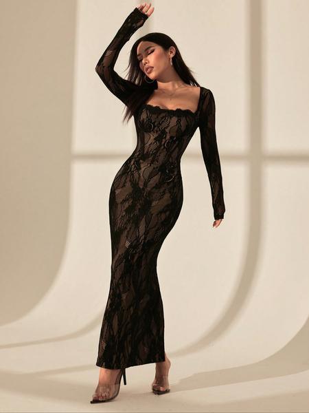 PETITE Women's New Summer Party Date Evening Sexy S-Shaped Lace Long-Sleeved Breast Cup Fishbone Square Neck Tight Hip-Hugging Black Maxi Dress Prom Dress, Formal Wear