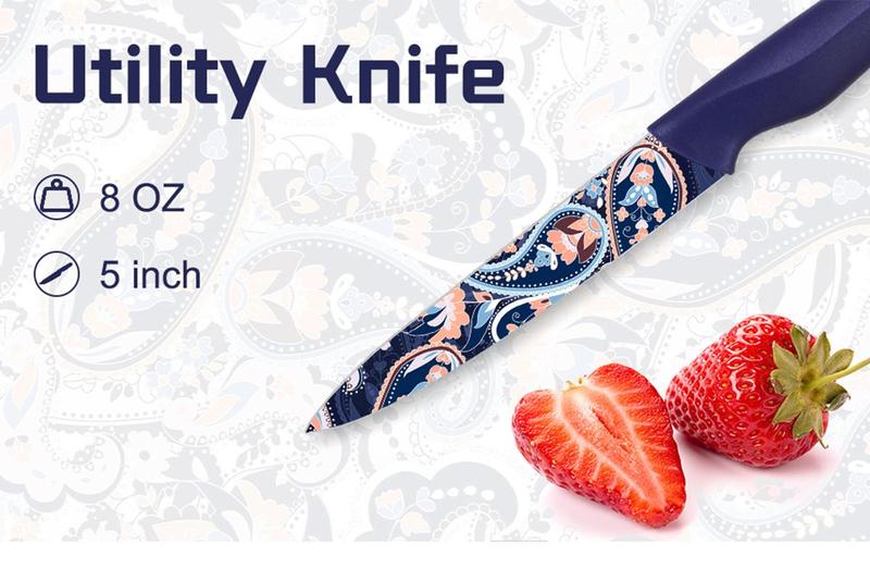 Astercook 6-Piece Color Knife Set, Paisley Pattern, Rust-Resistant Stainless Steel Knives, 6 Blade Guards, Dishwasher Safe. Utensils Kitchenware