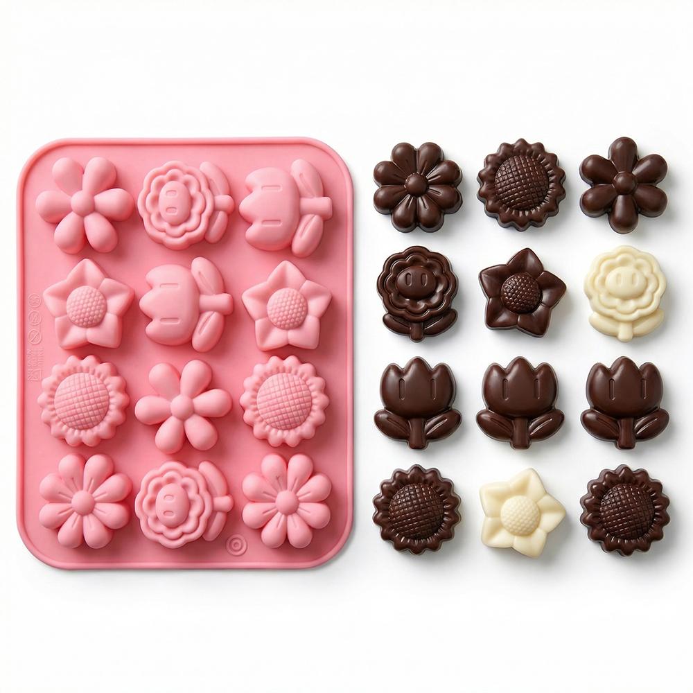 3pcs 12-Cavity Flower-Shaped Chocolate Silicone Molds, DIY Candy Pudding Baking Cookie Birthday Cake Decoration