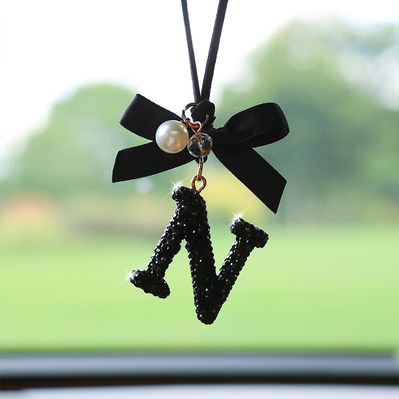 Fashion Bow Car Pendant, Letter Design Rearview Mirror Decoration, Perfect Gift for Holidays & Birthdays, Elegant Auto Accessory, Girly Car Accessories