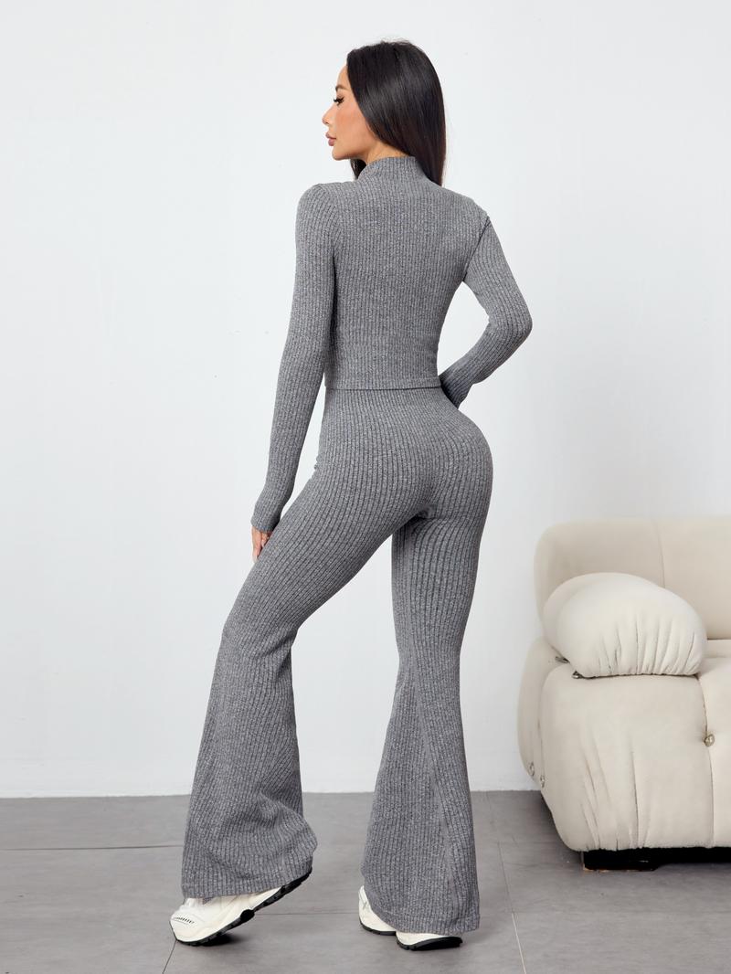 Women's Two-Piece Set, Sweatsuit Matching Set, Autumn Winter Knit Ribbed Jacket & High-Waisted Flare Pants, Casual Fitted Yoga Gym
