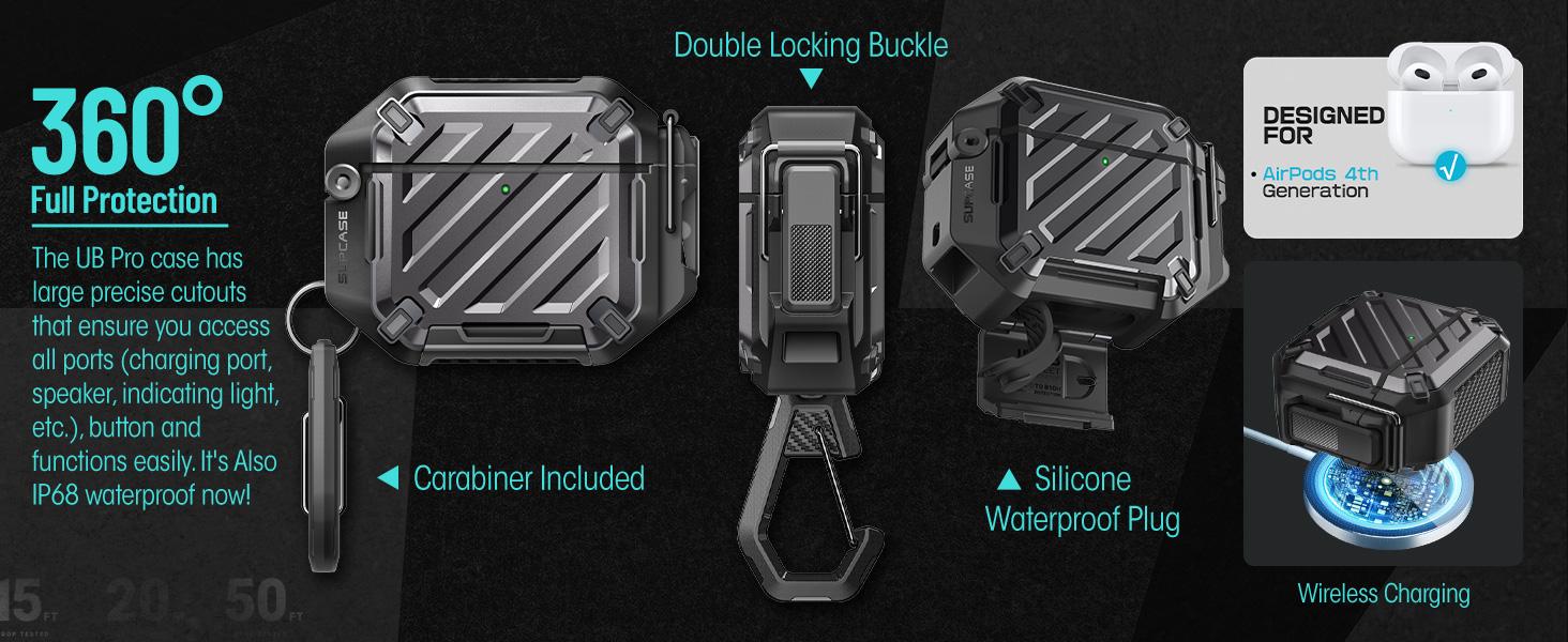 SUPCASE AirPods 4 Case with Lock & Carabiner, IP68 Waterproof, Full-Body Anti-Scratch Hard Shell Waterproof Cover, Compatible with MagSafe Connection Rubber Wireless Cable