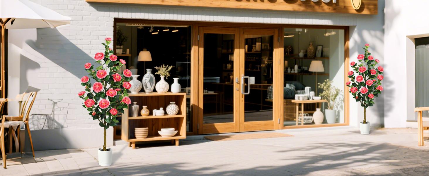 2025 2 Pack 3/4 Ft Artificial Camellia Trees with 16 White Flowers and Pots, Ideal Christmas Gifts for Home, Porch, Office or Outdoor Decor