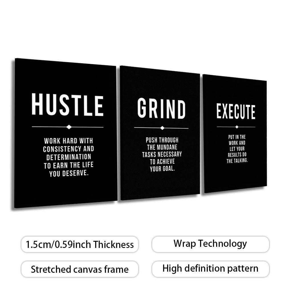 3-Panel Wooden-Framed Canvas Wall Art, Black Background Hustle Grind Execute Motivational Text Print, HD Canvas Prints, Inspirational Wall Decor For Office & Workspace, Modern Home Art, Ideal Entrepreneur Gift