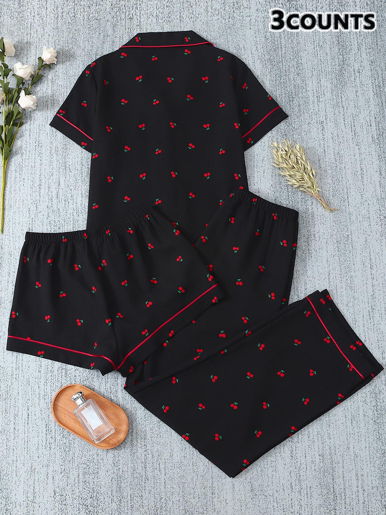 Women's 3-Piece Pajama Set, Cherry Print Button Front Top & Shorts Pants, Comfortable Sleepwear for Ladies, Casual Nightwear