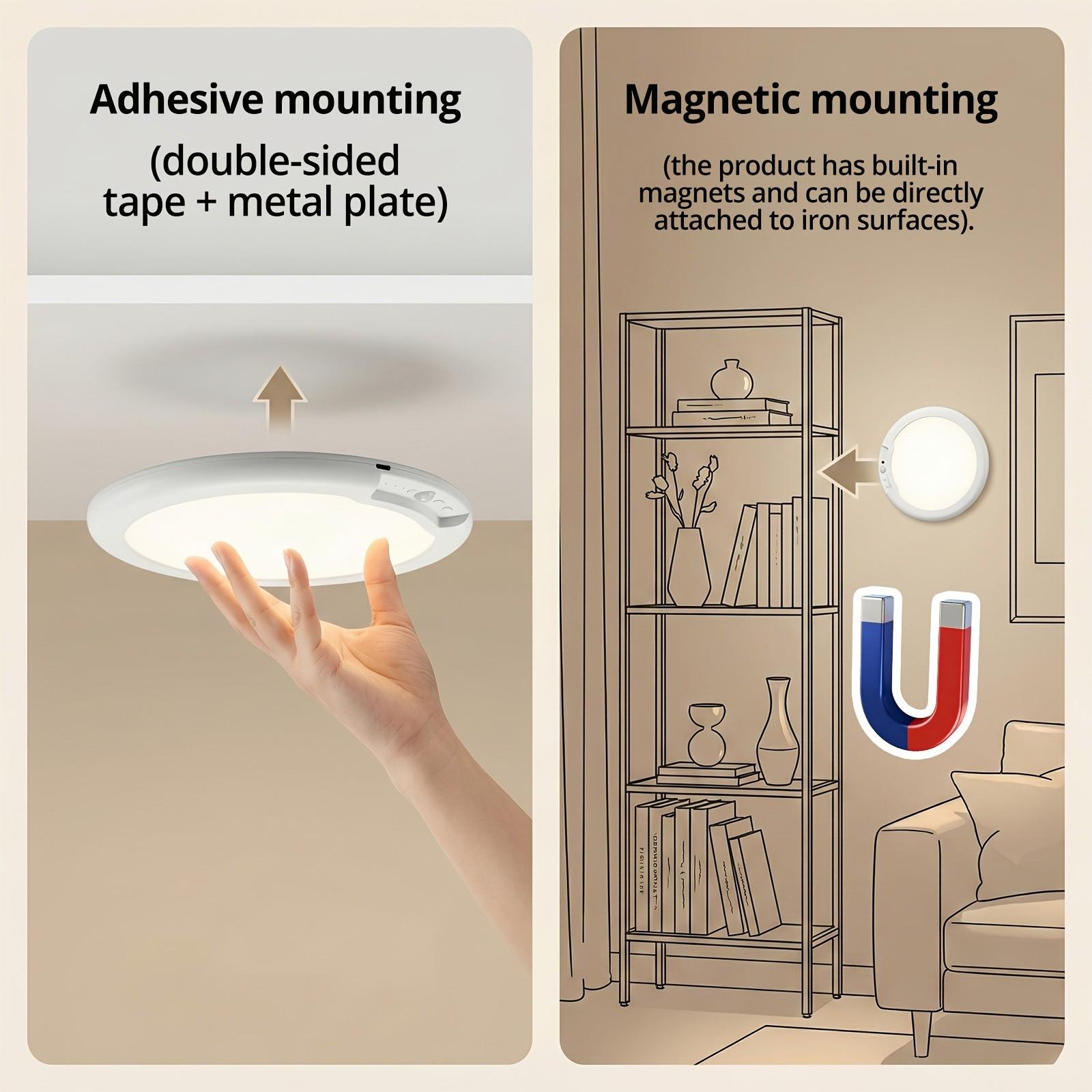 Rechargeable Motion Sensor Ceiling Light with Remote Control, Modern Night Lights - Magnetic Design Wireless Ceiling Light Powered by batteries for Closet, Shower, Stairs, Hallway, Porch, Patio, etc., versatile usage, easy to install