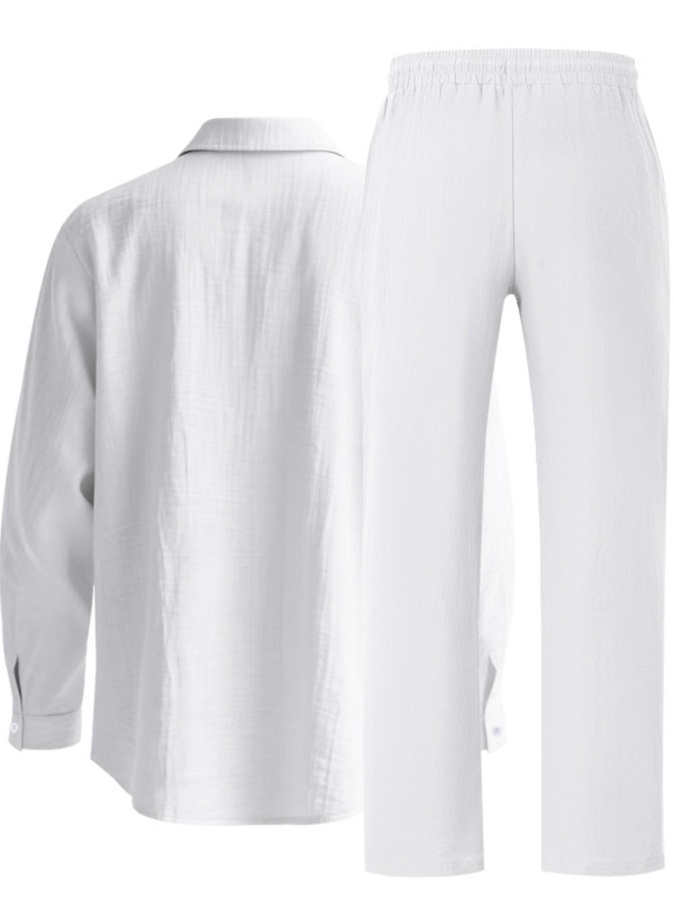 Men's Summer Linen Shirt & Pants Set, Casual Long Sleeve Beachwear, Comfortable Fashion Clothing for Vacation