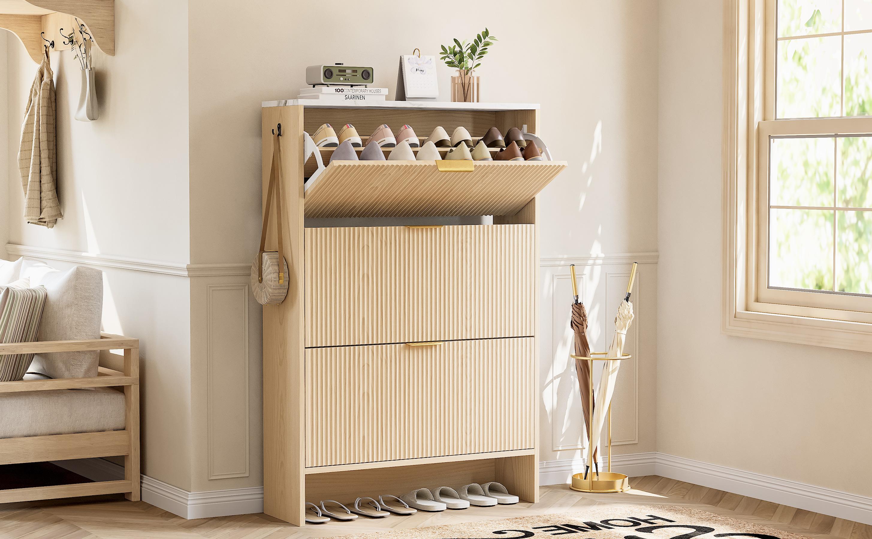 IRONCK Shoe Storage Cabinet with 3 Flip Drawers, Fluted Shoe Cabinet Storage for Entryway, Free Standing Wooden Shoe Organizer Cabinet for Hallway