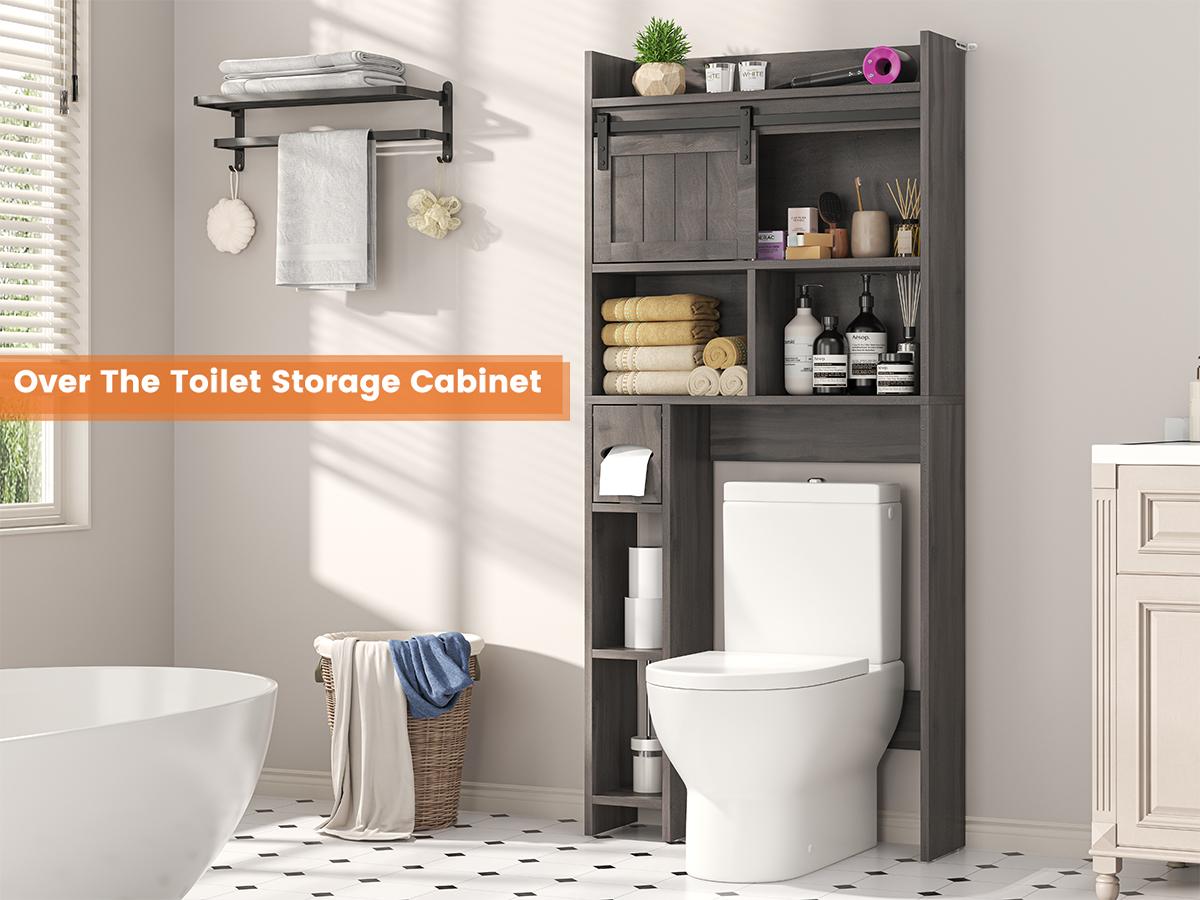 Over-The-Toilet Storage Cabinet with Sliding Door & Toilet Paper Holder Stand, Bathroom Organizer with Side Storage for Restroom