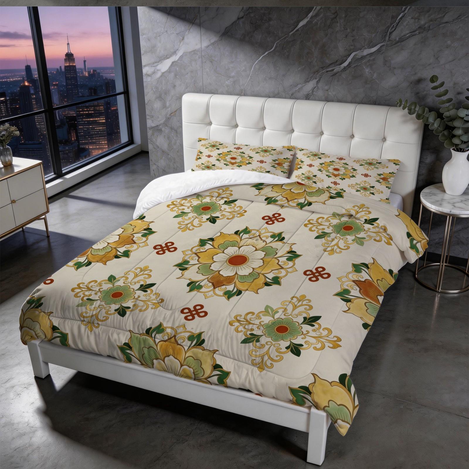 2/3 Piece Vintage Floral Mandala Comforter Set, HD Digital Printed Quilt, Soft Plush Bedding Set (Pillowcases No Inserts), U-Stitched All-Season Bed Comforter for Bedroom