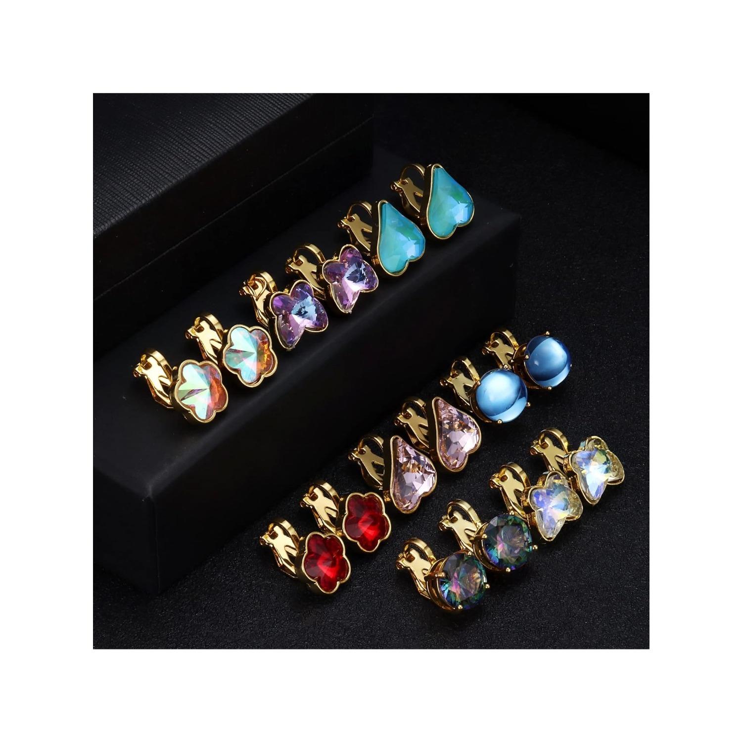 8 Pairs Clip On Earrings Set for Women - Non-Pierced CZ Heart, Butterfly, Flower Earrings - Hypoallergenic, Vibrant Color Birthstone Clip Ons