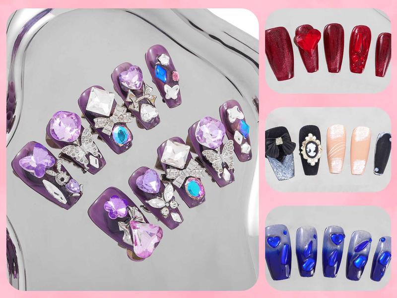 Sethexy Luxury Purple Rhinestone Handmade Fake Nail 3D Heart Crystals Long Coffin Press on Nails Butterfly Bow Bunny False Nail Salon Durable Quality Nails for Women and Girls 10Pcs easy press