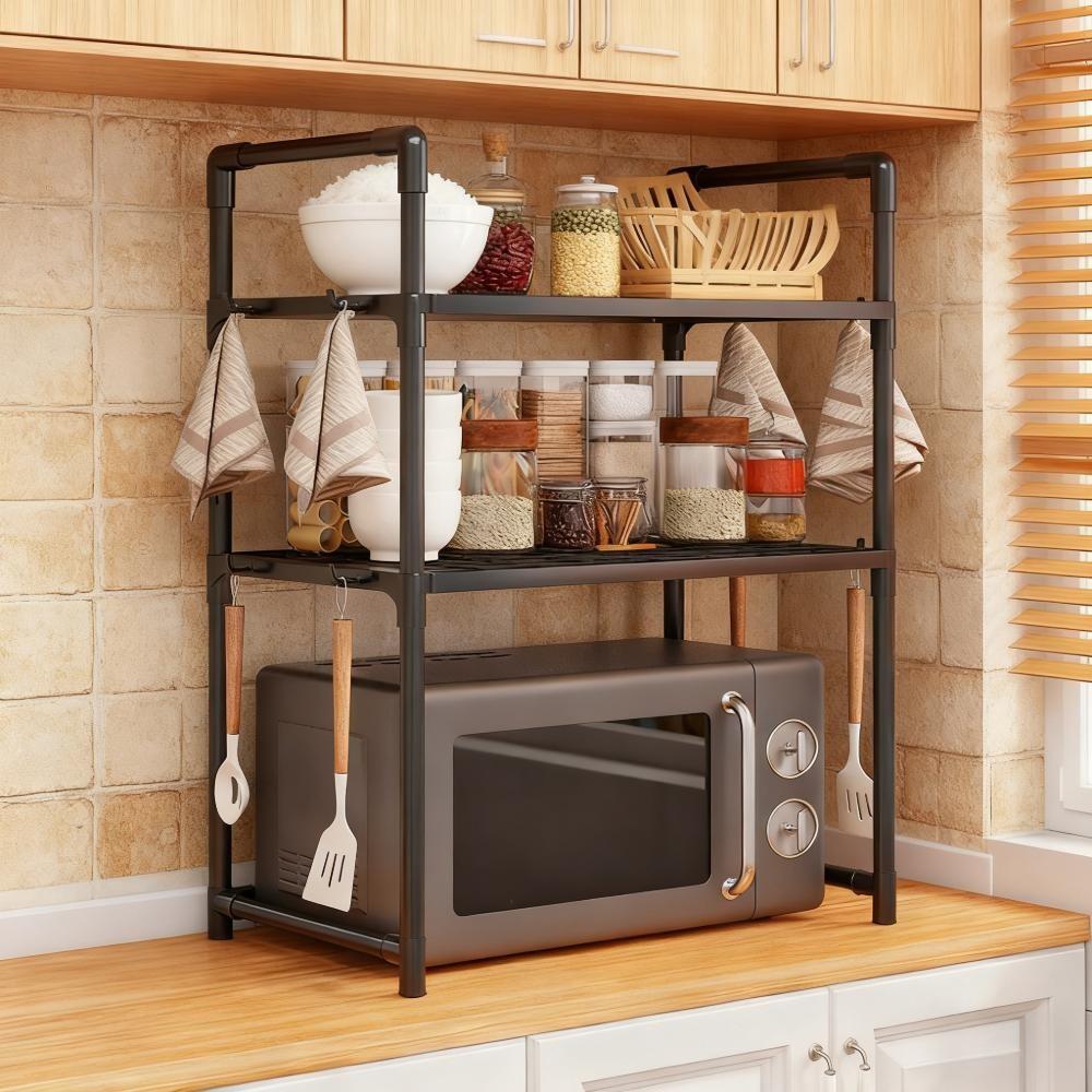 Multi-Layer Kitchen Storage Rack with Hooks, Space Saving Countertop Organizer, Easy Assembly, Ideal for Condiment Jars and Utensils