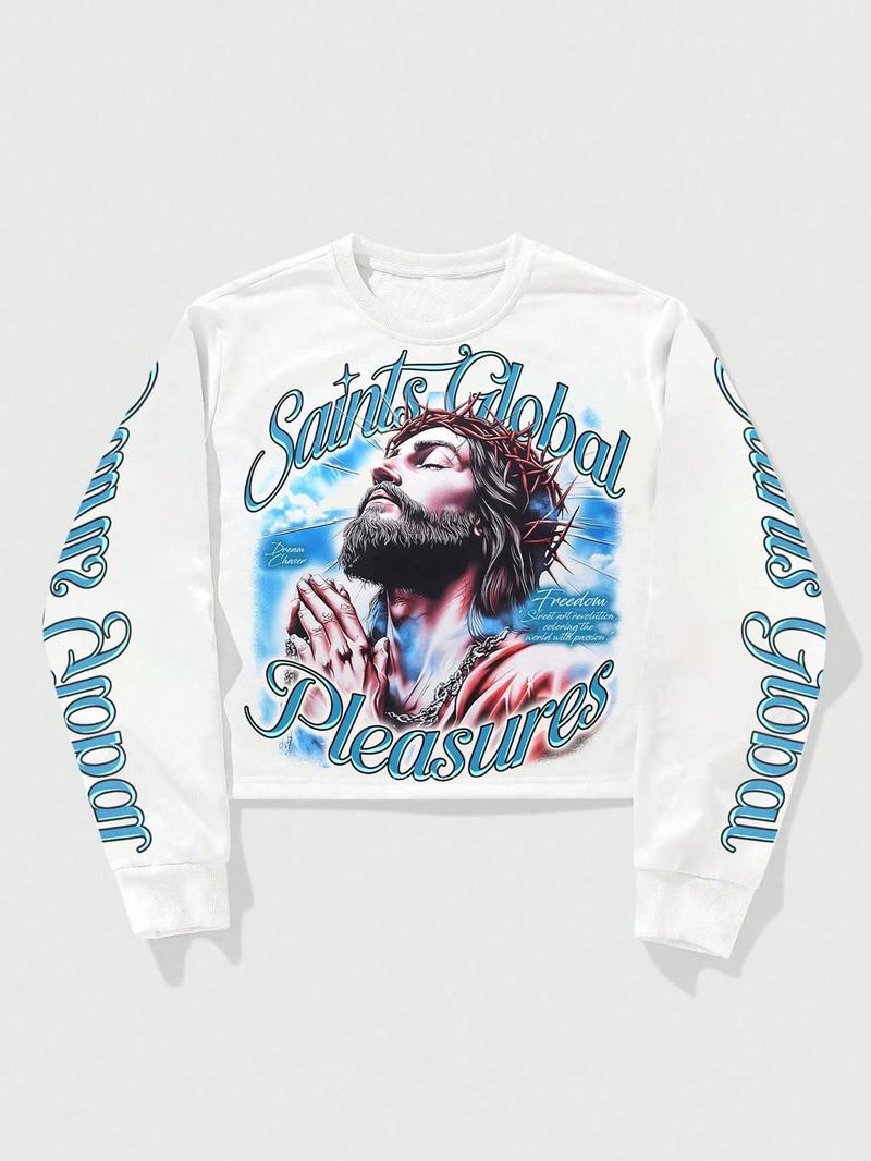 Unisex Streetwear Angel Print Design Sweatshirt, Loose-fitting Casual Long Sleeve Crewneck for Fall & Winter Fashion