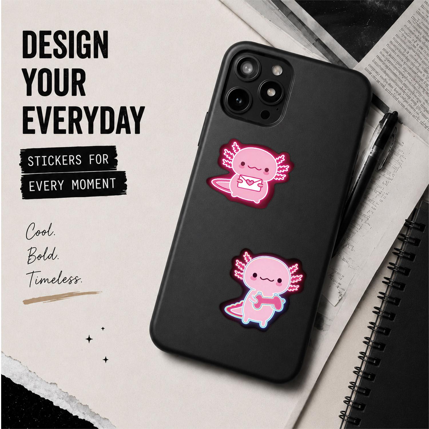 50pcs*5packs Neon Axolotl Aesthetic Vinyl Stickers Pack for Laptop Water Bottle Phone Case Skateboard Journal Scrapbook DIY Decoration