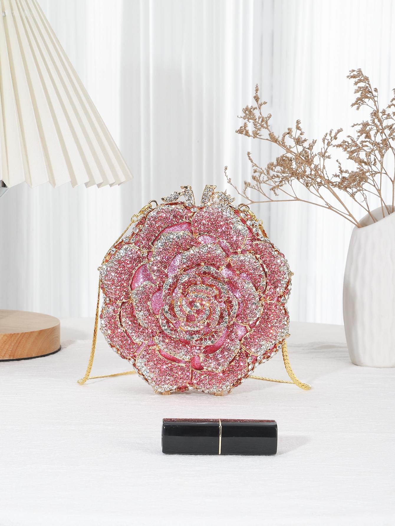 1pc Mini Elegant Clutch Bags Rhinestone Flower Design Evening Purses For Party&Prom,Luxury Metal Crystal Handmade Clutch Bags For Women,Full Diamond Dinner Clutches Novelty/Glitter Handbags For Wedding Bride/Gifts