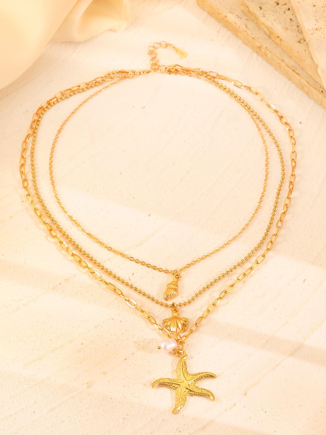 3-Piece Boho Starfish Shell Pendant Necklace Set, Ocean Series Imitation Pearl Lockbone Chain, Beachwear Jewelry, Island Vacation Essential