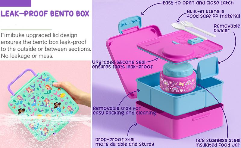 Product Introduction of Fimibuke Bento Box, BPA Free & Leakproof Lunch Box with 8.5oz Insulated Thermos Food Jar, Utensils & Sauce Jar, Dishwasher Safe 3 or 4 Compartment Container for School Girl & Boy dealsforyoudays 24