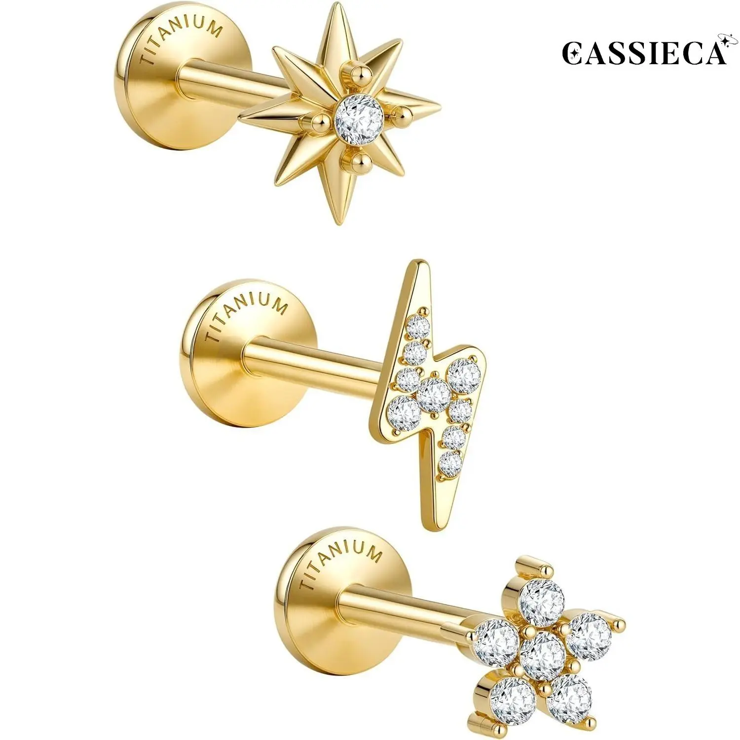 CASSIECA 3-Count Unisex 18G Implant Grade Titanium Flat Back Earrings - 5A Cubic Zirconia Studs, 14 Karat Gold Plated, Hypoallergenic Internally Threaded Tarnish Free Gold Piercing Jewelry for Tragus, Helix Piercings (Sensitive Ears) Sohochic