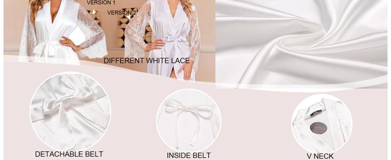 Avidlove Women's Floral Lace Kimono Robe Long Sleeves Dressing Gown Bathrobe Bride Robe Nightwear Satin Womenswear