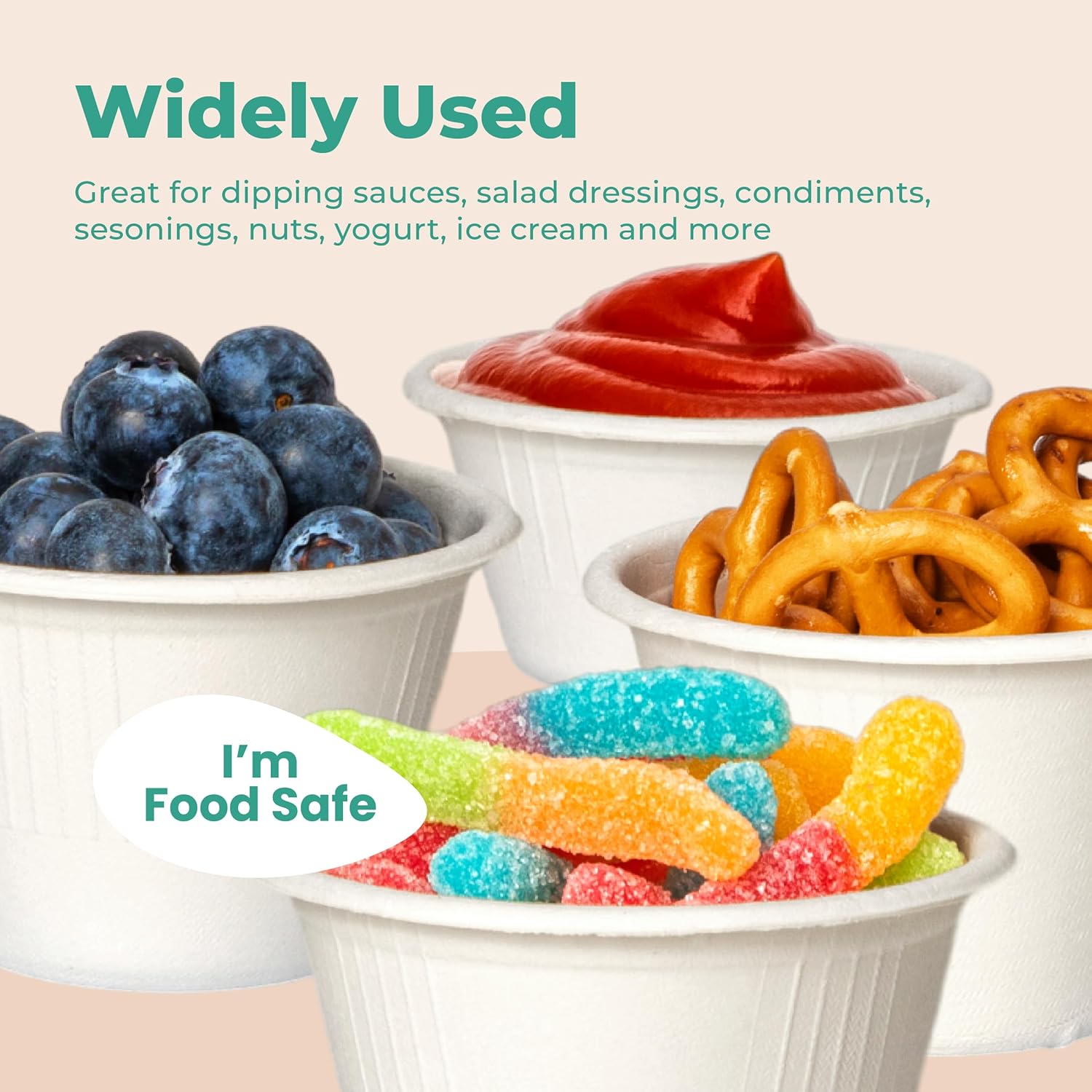 [100 Pack] 2 Oz Compostable Disposable Condiment & Sample Cups,  Bagasse Fiber Souffle Portion Cups,  Microwave Safe
