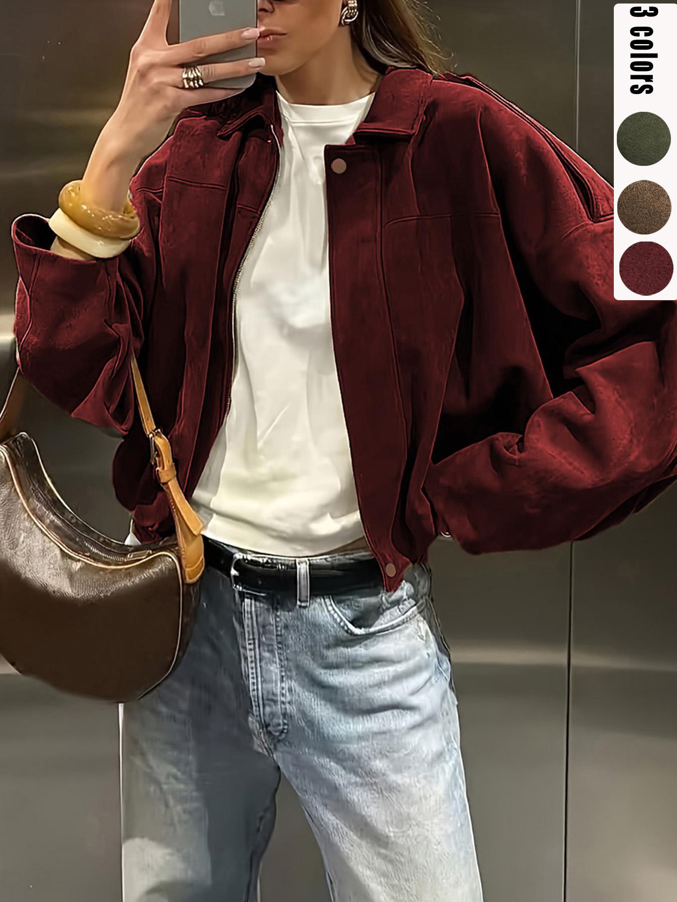 Women's Fall Winter Loose Fitted Suede Jacket, Short Batwing Sleeve Bomber Coat, Plain Leather Look Top, Zipper Neckline, Long Sleeve Vintage Style, Everyday