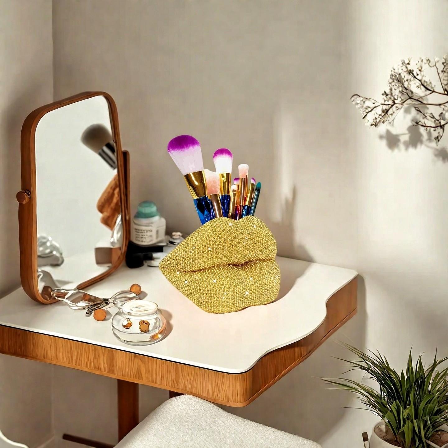 Sexy Lip Statue Ornament, Shimmering Storage Decor, Luxury Makeup Brush Holder, Ideal for Vanity, Bathroom, Christmas Gift