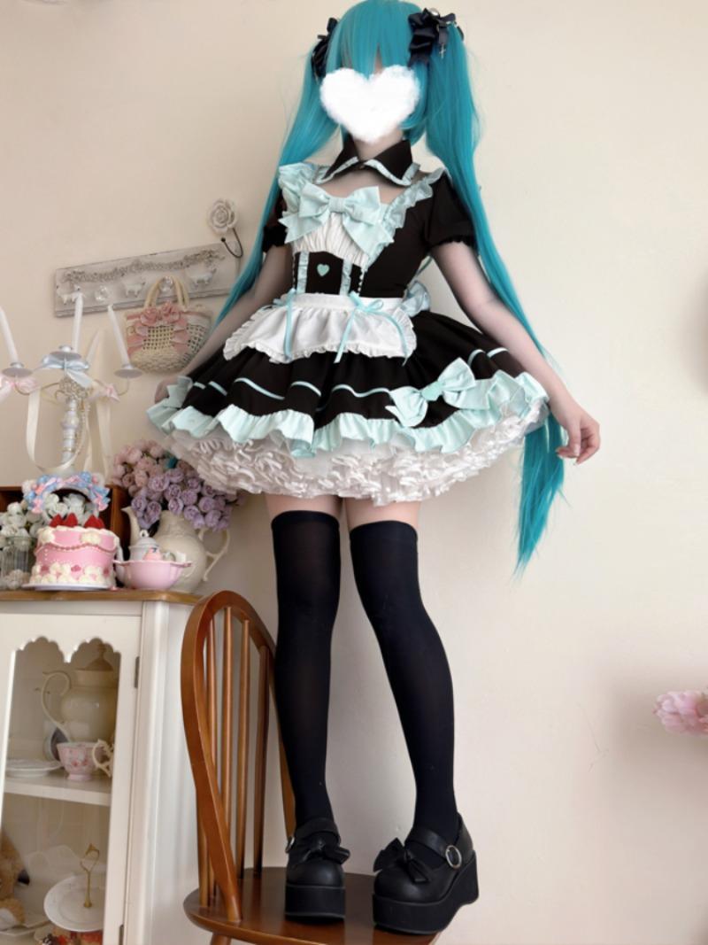 Women's Anime Lolita Maid Dress Set - Sweet Puff Sleeve with Bow, Apron Included, Gothic Clothes for Halloween Cosplay Party, Lady Fashion Accessories
