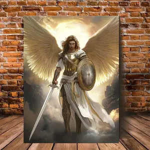 2D canvas painting, 1 piece of Archangel Michael canvas art with wooden frame--heavenly warrior illustration, holding sword and shield, ready to hang as wall decor in the living room, bathroom, or kitchen, a perfect holiday gift for both men and women, 2D