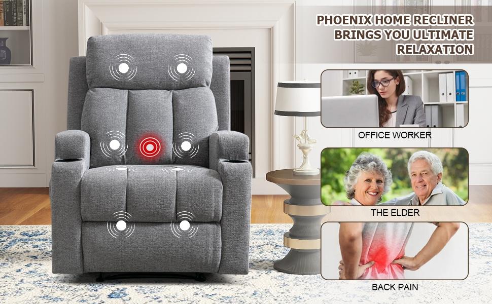 [SpringStatements] Manual Recliner Chair with Massage and Heat Ergonomic Overstuffed Breathable Fabric Reclining Chair with 2 Side Pockets, 2 Cup Holders, Remote Control, Living Room, Bedroom