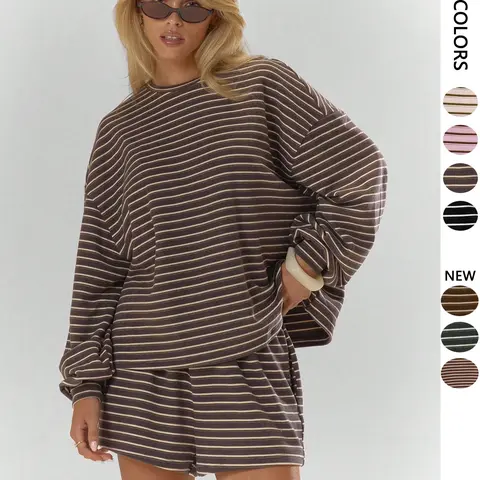 Women's Striped Set, Loose Fit Oversized, Casual Style Round Neck Long Sleeve Top, Pocket Shorts, 2-Piece Set, Soft Comfortable, Thick Warm Home Wear