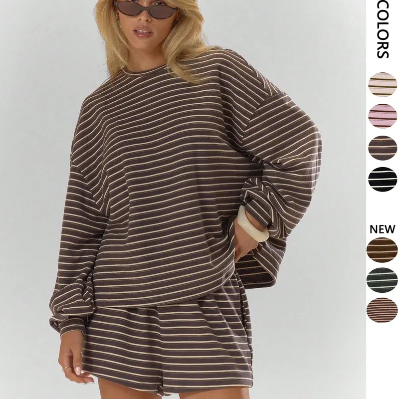 Women's Striped Set, Loose Fit Oversized, Casual Style Round Neck Long Sleeve Top, Pocket Shorts, 2-Piece Set, Soft Comfortable, Thick Warm Home Wear