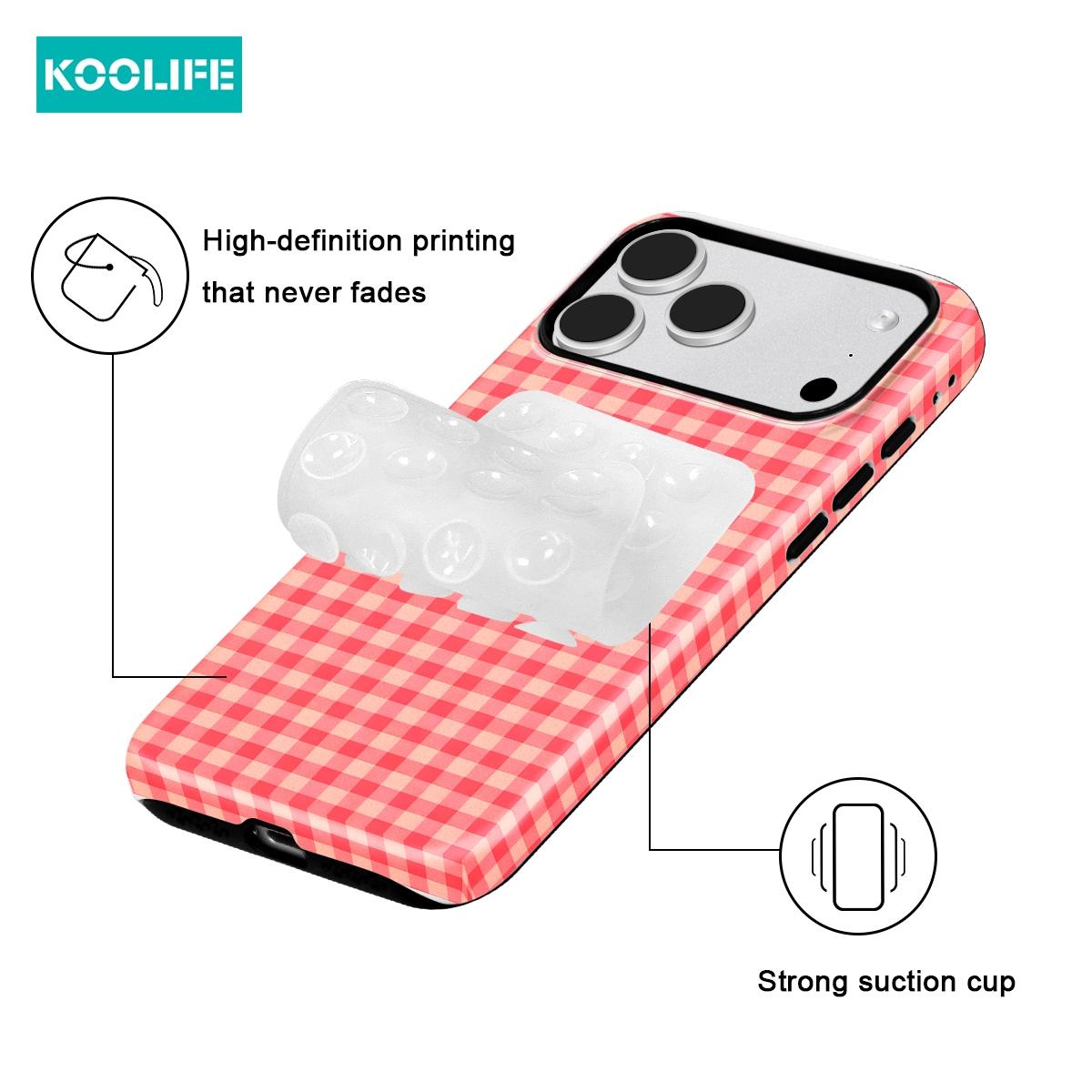 KOOLIFE 2pcs Set Pink White Gingham Pattern Case + Double Sided Silicone Suction Cup Stand Shockproof Glossy Hard Shell TPU Bumper Cute Aesthetic Phone Cover for iPhone 17 16 15 14 13 12 11 Pro Max Plus XR XS X Farmhouse Style Gift for Women Girls