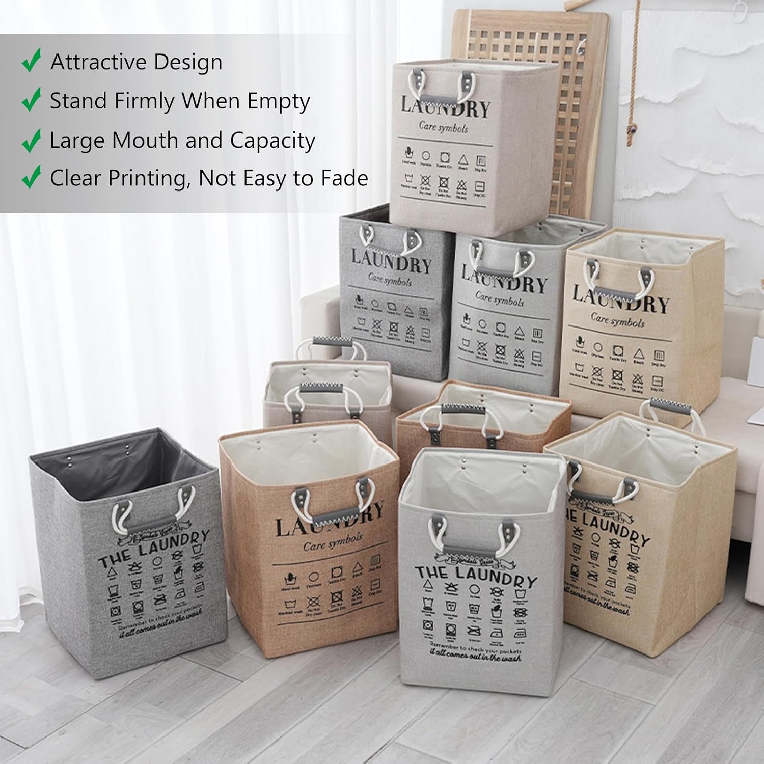 Small Laundry Basket, 50L Foldable Laundry Hamper Organizer with Handles, Fashion Portable Laundry Basket in Bedroom, Laundry Room, Closet, Bathroom, College Dorm (Brown)