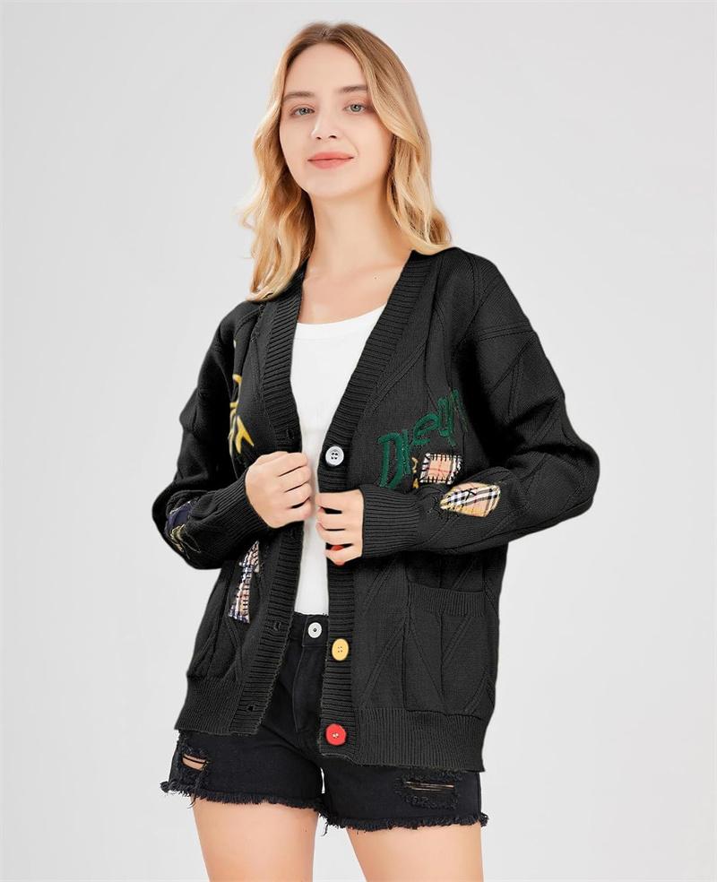 utcovo Women's Cable Knit Long Sleeve Open Front Cardigan Sheep V-Neck Button Down Embroidery Wool Blend Sweater Coat Outwear