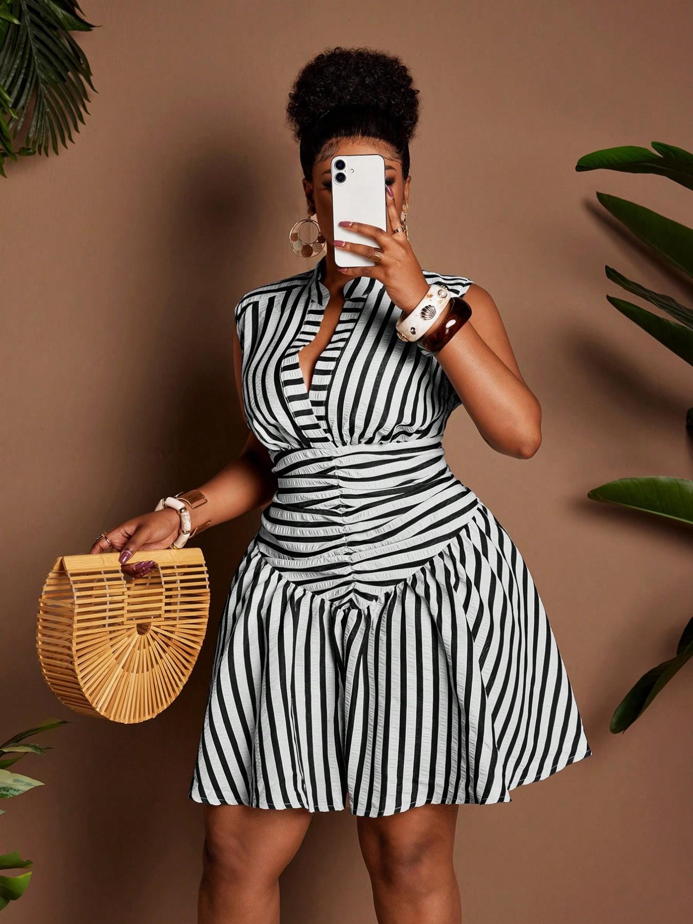 Plus Size Women's Striped Notched Neck Sleeveless Dress, Waist Cinched A-Line Short Dress, Summer Casual Fashion, Casual Wear Plus Size Women's Striped Notched Neck Sleeveless Dress, Waist Cinched A-Line Short Dress, Summer Casual Fashion, Casual Wear