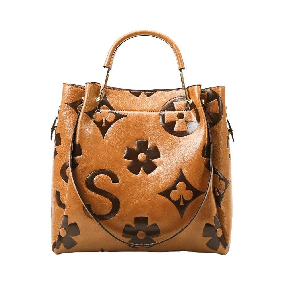 An elegant floral embossed faux leather handbag - suitable for women's use - fade resistant zipper tote bag - equipped with fixed shoulder straps - polyester lining - edge painted - suitable for work and various occasions