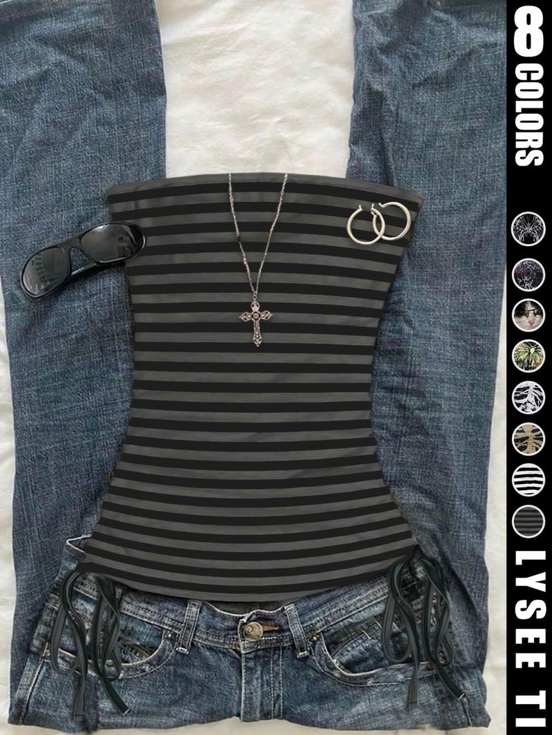 Casual vacation style striped printed fashionable women's drawstring side tie strapless vest