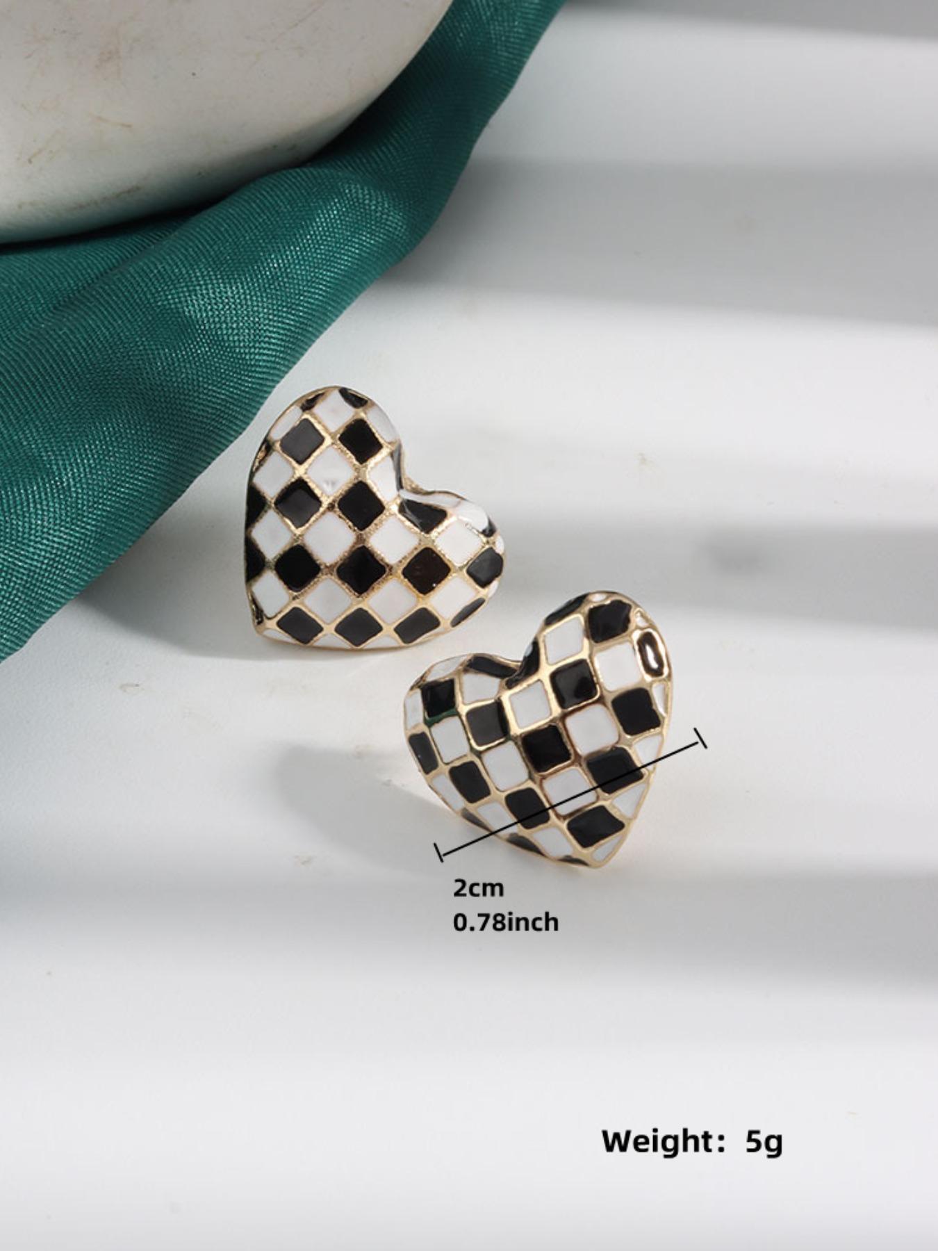 Checkerboard Heart Shaped Stud Earrings, Fashionable Enamel Earring for Women, Trendy All-match & Exquisite Jewelry for Birthday Gift, Ear Studs