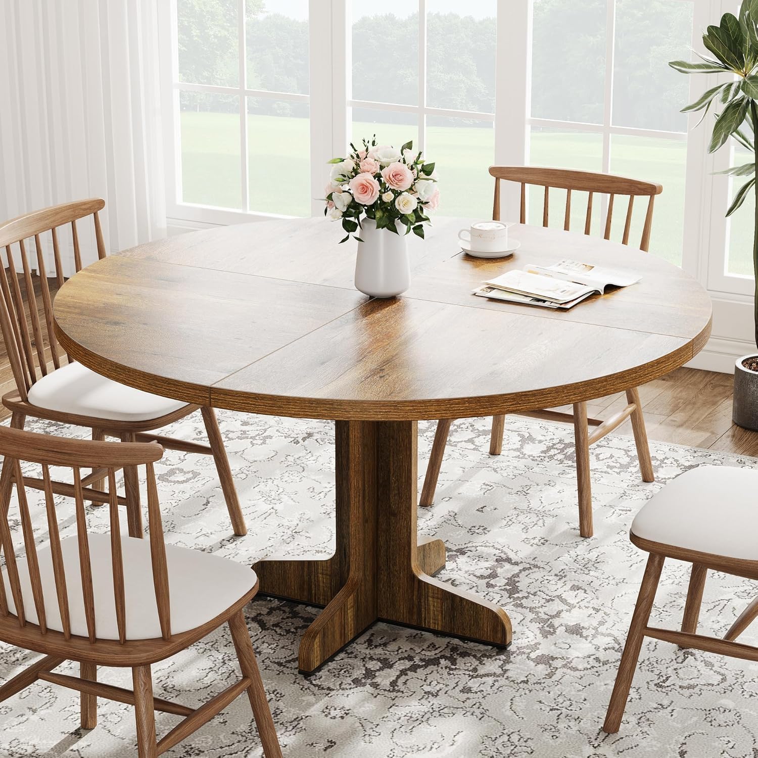 47" Round Dining Table for Small Spaces - Solid Oak Base, Space Saving Kitchen Table for Apartments & Breakfast Nooks (Table Only)