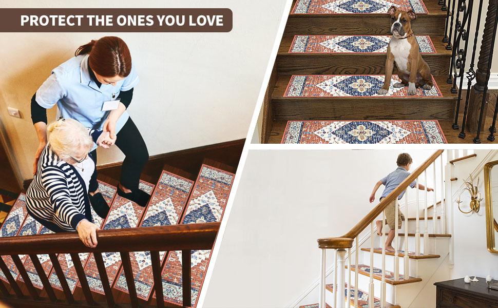 [SpringGlowUp] HEBE Non Slip Chenille Stair Runner for Wooden Steps 8"x30" Indoor Reusable Soft Washable Rugs with Anti Slip Adhesive for Pets & Kids Stairway Grip Treads Decorative Mats