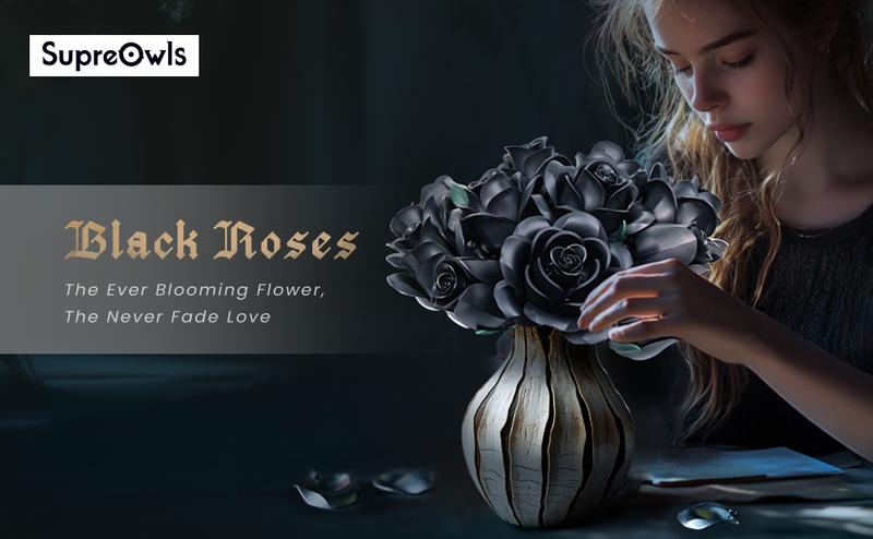Supreowls Black Rose Flower Bouquet Building Set, Black Rose Eternal Flower Botanical Collection Blocks Kit Compatible for Adults Women, Artificial Flowers Gothic Decor for Valentine's Day & Halloween & Christmas Gift