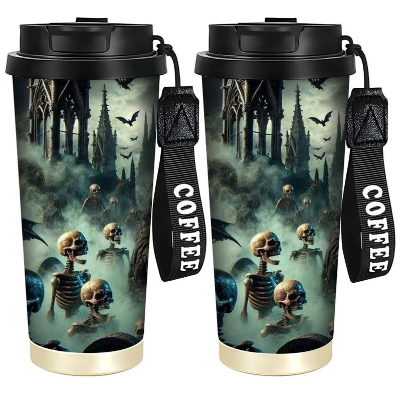 1pc 18oz Insulated Cup, Gothic Scene with Mysterious Character and Skeletal Hand, Double-Wall Design for Hot or Cold Beverages