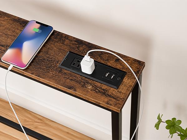 HOOBRO 63" Sofa Table with Charging Station，Narrow Console Table with Power Outlets, 5.9" Skinny Console Table, Slim Entryway Table