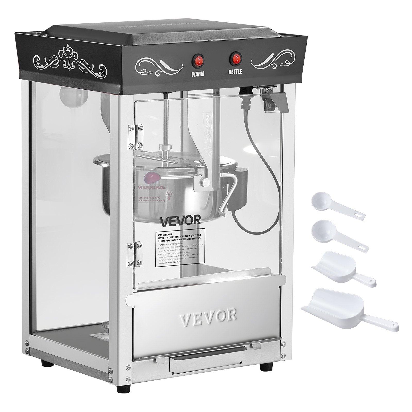 VEVOR Commercial Countertop Popcorn Machine for Commercial Users, 8 oz Stainless Steel Kettle, 800W Power, 48 Cups Per Batch, 20 Lbs/ 9.43 Kg Capacity, 2-Button Control, Glass Door, PC Wall, 1 Scoop, 3 Spoons, Black