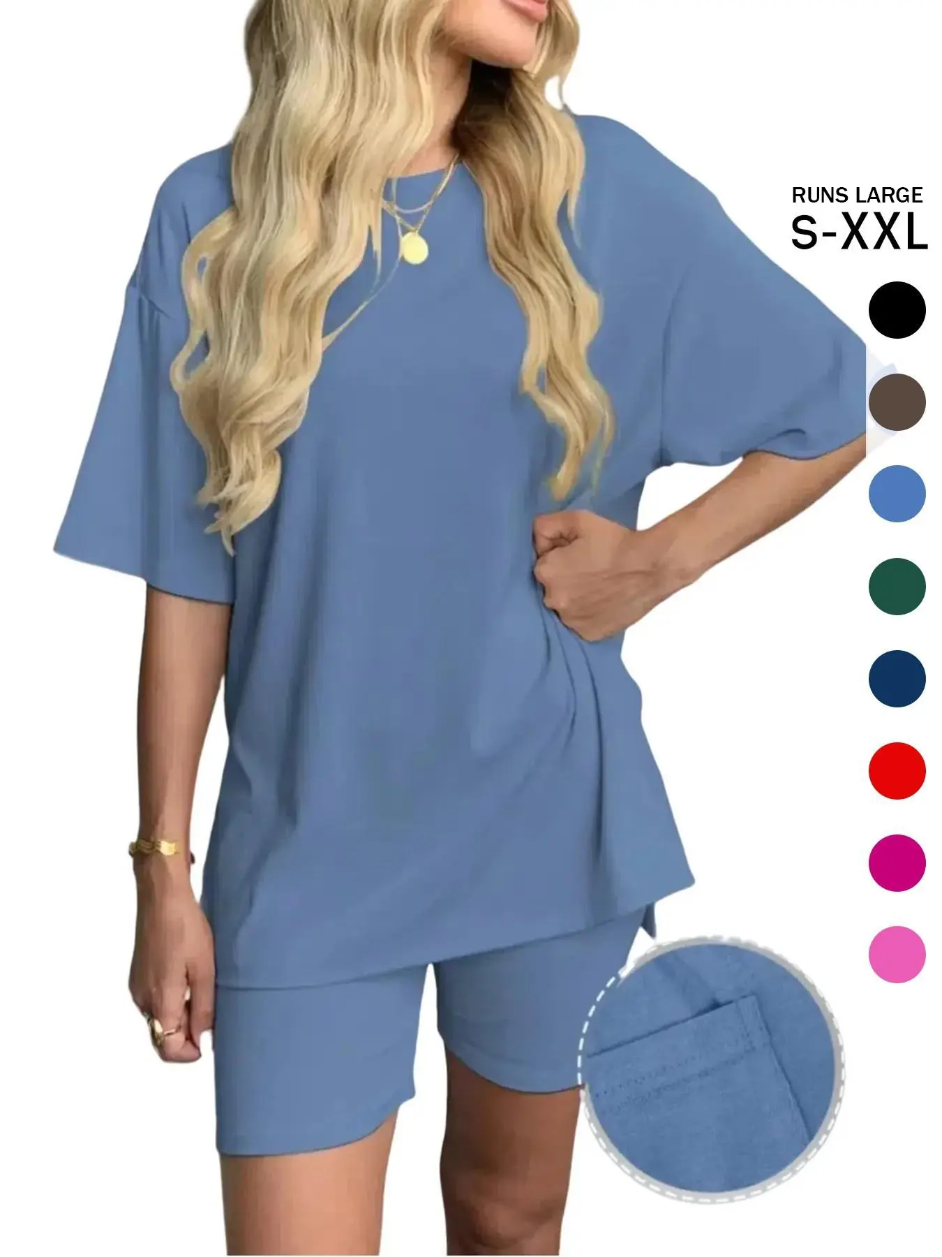 Women's Solid Color T-Shirt and Tight Shorts Set, Casual Summer Comfort Round Neck Sleepwear Loungewear, Pocket Design, Outdoor Wear, Lounge Clothes